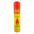 Eine Flasche FLEURY Nachfüllgas (300 ml) für Flambierbrenner Feuerspray auf schwarzem Hintergrund.