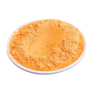 FLEURY Pigment für Epoxidharz (412-B Orange) Pulver in einer Schüssel auf schwarzem Hintergrund.