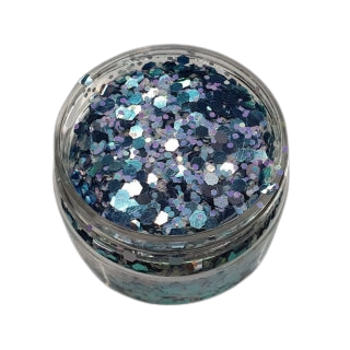 Ein Glas mit Glitzerflocken (CM49) von FLEURY, darin blauer und silberner Glitzer.