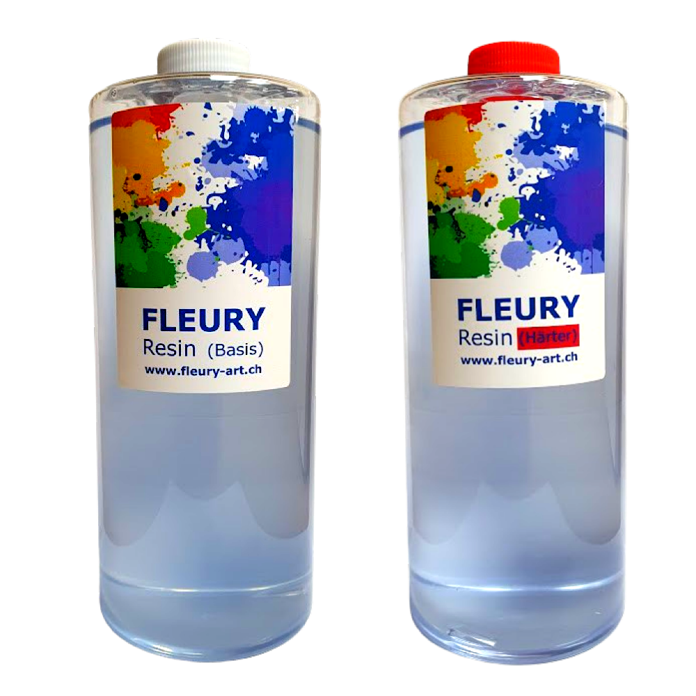 Zwei Flaschen FLEURY Resin 2L auf schwarzem Hintergrund.