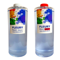 Zwei Flaschen FLEURY Resin 2L auf schwarzem Hintergrund.