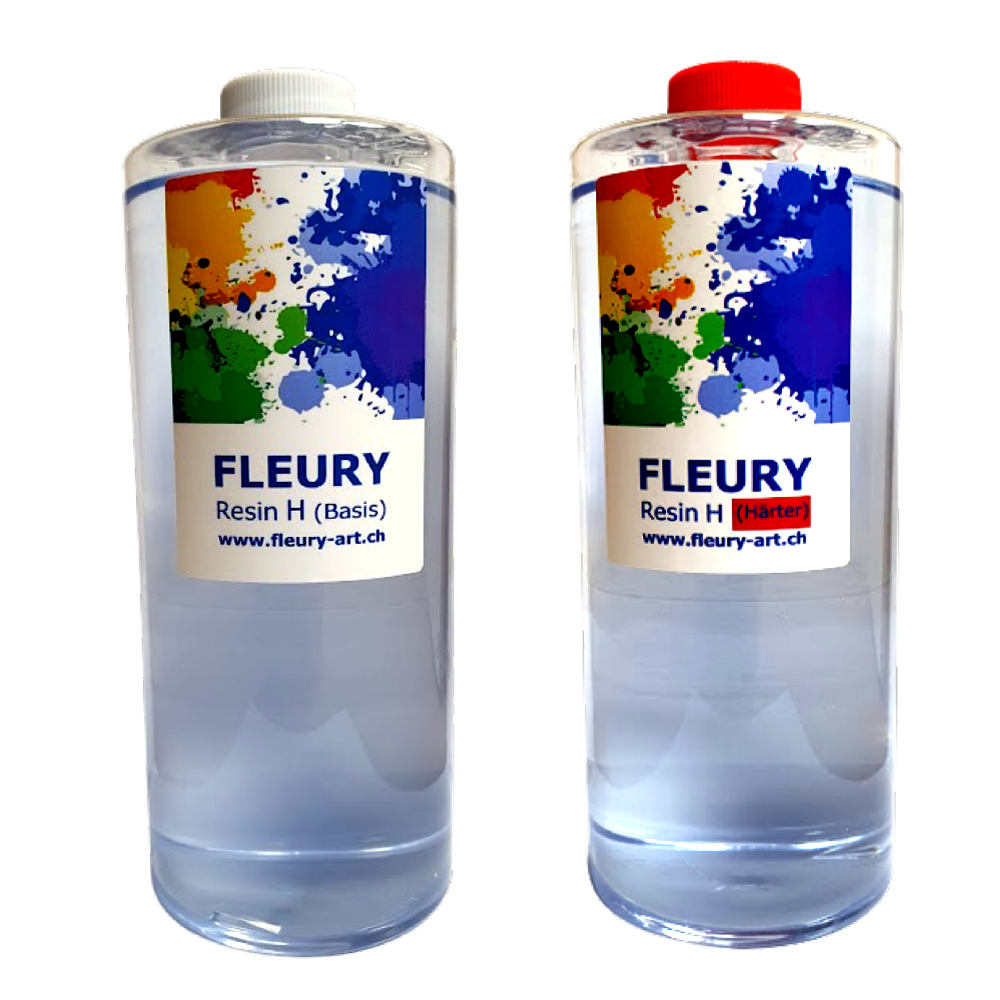 Eine Flasche FLEURY Resin-H (Hitzebeständig) 2L und eine Flasche Wasser.