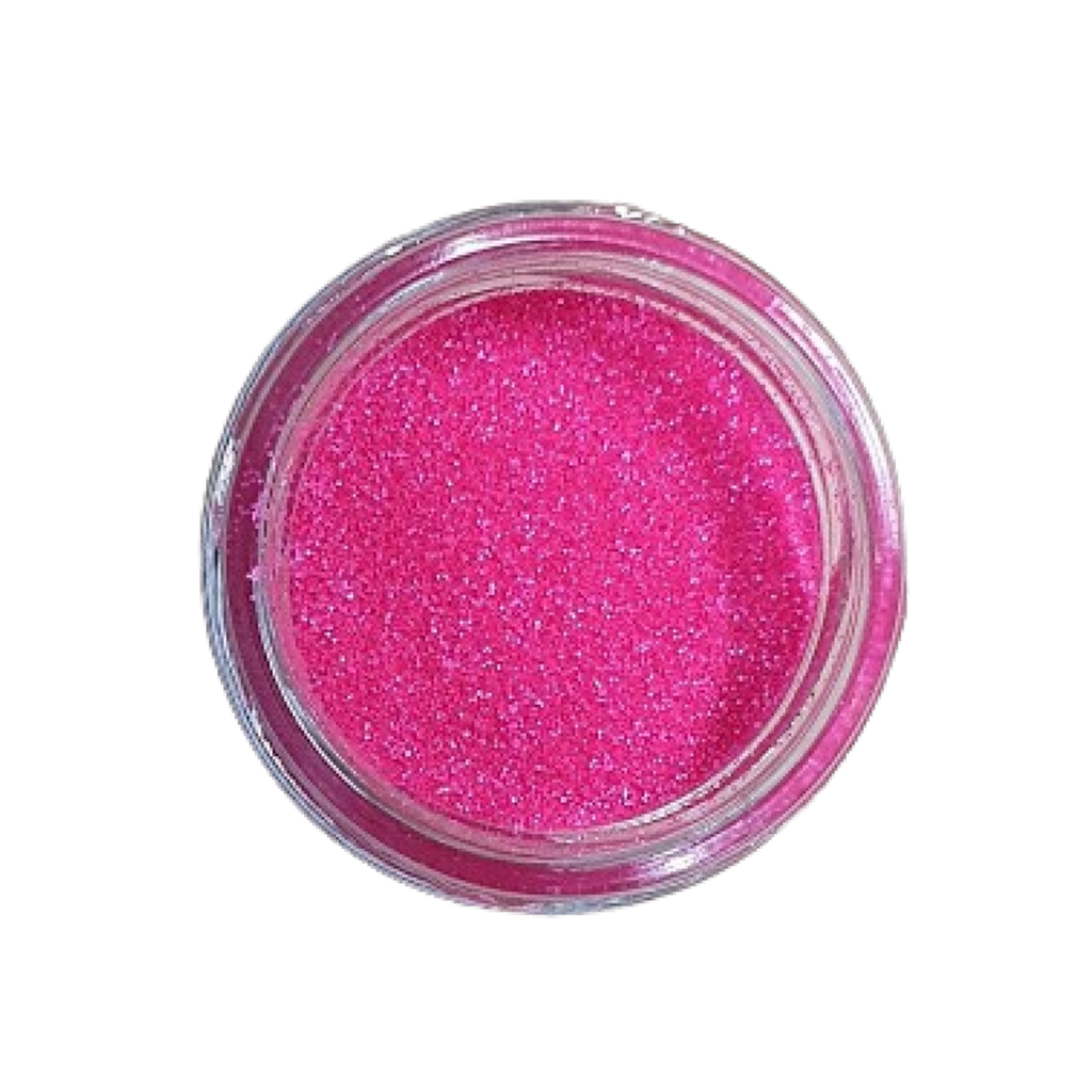 Ein durchsichtiger Behälter gefüllt mit FLEURYs Glitter Flocken (S0502), leuchtend rosa Glitter, von oben betrachtet, perfekt für jedes Glitzer-inspirierte Hobby oder Kunstprojekt.